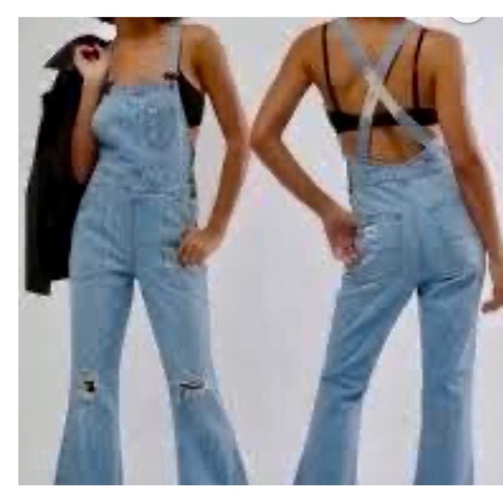 Free People x Lee Factory Flare Overalls Vibrant Blues Distressed Denim MED NWT